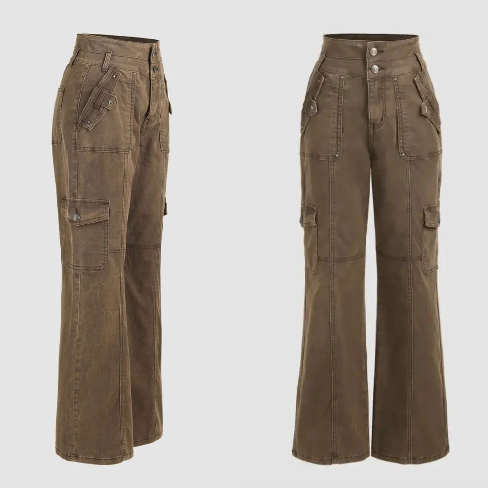 CIDER High Rise Star Studded Wide Leg Cargo Trouser Pants Brown Size Small NEW